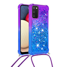 Funda Silicona Carcasa Goma Bling-Bling con Acollador Cordon Lanyard S01 para Samsung Galaxy A03s Morado