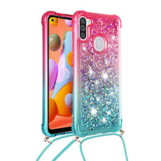 Funda Silicona Carcasa Goma Bling-Bling con Acollador Cordon Lanyard S01 para Samsung Galaxy A11 Rosa