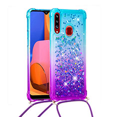 Funda Silicona Carcasa Goma Bling-Bling con Acollador Cordon Lanyard S01 para Samsung Galaxy A20s Azul Cielo