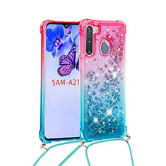 Funda Silicona Carcasa Goma Bling-Bling con Acollador Cordon Lanyard S01 para Samsung Galaxy A21 European Rosa