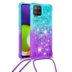 Funda Silicona Carcasa Goma Bling-Bling con Acollador Cordon Lanyard S01 para Samsung Galaxy A22 4G Azul Cielo