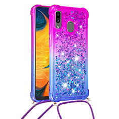 Funda Silicona Carcasa Goma Bling-Bling con Acollador Cordon Lanyard S01 para Samsung Galaxy A30 Morado