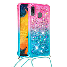 Funda Silicona Carcasa Goma Bling-Bling con Acollador Cordon Lanyard S01 para Samsung Galaxy A30 Rosa