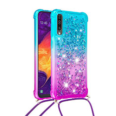 Funda Silicona Carcasa Goma Bling-Bling con Acollador Cordon Lanyard S01 para Samsung Galaxy A30S Azul Cielo