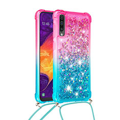 Funda Silicona Carcasa Goma Bling-Bling con Acollador Cordon Lanyard S01 para Samsung Galaxy A30S Rosa