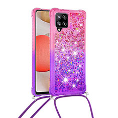 Funda Silicona Carcasa Goma Bling-Bling con Acollador Cordon Lanyard S01 para Samsung Galaxy A42 5G Rosa Roja