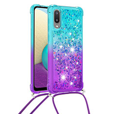 Funda Silicona Carcasa Goma Bling-Bling con Acollador Cordon Lanyard S01 para Samsung Galaxy M02 Azul Cielo