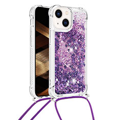 Funda Silicona Carcasa Goma Bling-Bling con Acollador Cordon Lanyard S02 para Apple iPhone 13 Morado