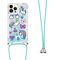 Funda Silicona Carcasa Goma Bling-Bling con Acollador Cordon Lanyard S02 para Apple iPhone 13 Pro Max Azul Cielo