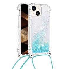 Funda Silicona Carcasa Goma Bling-Bling con Acollador Cordon Lanyard S02 para Apple iPhone 14 Azul Cielo