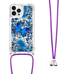 Funda Silicona Carcasa Goma Bling-Bling con Acollador Cordon Lanyard S02 para Apple iPhone 14 Pro Max Azul