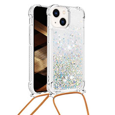 Funda Silicona Carcasa Goma Bling-Bling con Acollador Cordon Lanyard S02 para Apple iPhone 15 Plata