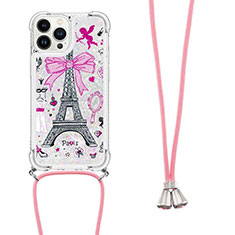 Funda Silicona Carcasa Goma Bling-Bling con Acollador Cordon Lanyard S02 para Apple iPhone 16 Pro Max Blanco