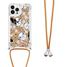 Funda Silicona Carcasa Goma Bling-Bling con Acollador Cordon Lanyard S02 para Apple iPhone 16 Pro Max Oro