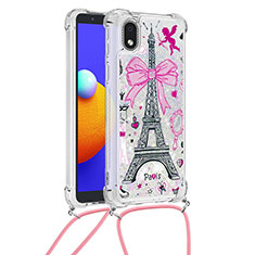 Funda Silicona Carcasa Goma Bling-Bling con Acollador Cordon Lanyard S02 para Samsung Galaxy A01 Core Rosa