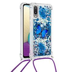 Funda Silicona Carcasa Goma Bling-Bling con Acollador Cordon Lanyard S02 para Samsung Galaxy A02 Azul