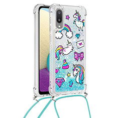 Funda Silicona Carcasa Goma Bling-Bling con Acollador Cordon Lanyard S02 para Samsung Galaxy A02 Azul Cielo