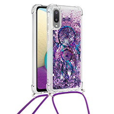 Funda Silicona Carcasa Goma Bling-Bling con Acollador Cordon Lanyard S02 para Samsung Galaxy A02 Morado