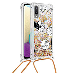 Funda Silicona Carcasa Goma Bling-Bling con Acollador Cordon Lanyard S02 para Samsung Galaxy A02 Oro