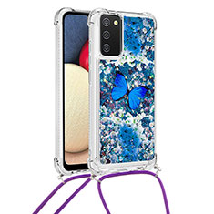 Funda Silicona Carcasa Goma Bling-Bling con Acollador Cordon Lanyard S02 para Samsung Galaxy A03s Azul