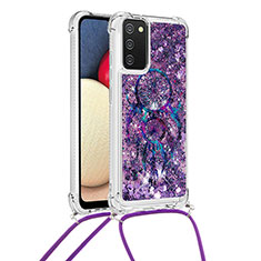 Funda Silicona Carcasa Goma Bling-Bling con Acollador Cordon Lanyard S02 para Samsung Galaxy A03s Morado