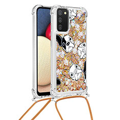 Funda Silicona Carcasa Goma Bling-Bling con Acollador Cordon Lanyard S02 para Samsung Galaxy A03s Oro