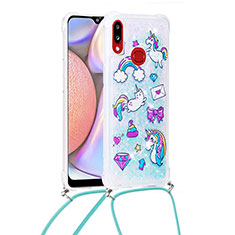 Funda Silicona Carcasa Goma Bling-Bling con Acollador Cordon Lanyard S02 para Samsung Galaxy A10s Azul Cielo