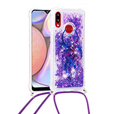 Funda Silicona Carcasa Goma Bling-Bling con Acollador Cordon Lanyard S02 para Samsung Galaxy A10s Morado