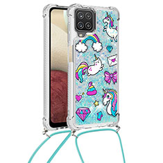 Funda Silicona Carcasa Goma Bling-Bling con Acollador Cordon Lanyard S02 para Samsung Galaxy A12 Azul Cielo