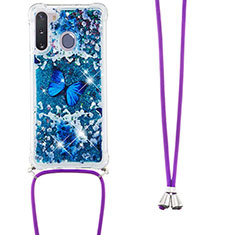 Funda Silicona Carcasa Goma Bling-Bling con Acollador Cordon Lanyard S02 para Samsung Galaxy A21 European Azul