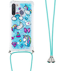 Funda Silicona Carcasa Goma Bling-Bling con Acollador Cordon Lanyard S02 para Samsung Galaxy A21 European Azul Cielo