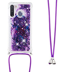 Funda Silicona Carcasa Goma Bling-Bling con Acollador Cordon Lanyard S02 para Samsung Galaxy A21 European Morado