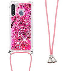 Funda Silicona Carcasa Goma Bling-Bling con Acollador Cordon Lanyard S02 para Samsung Galaxy A21 European Rosa Roja