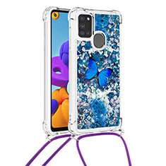 Funda Silicona Carcasa Goma Bling-Bling con Acollador Cordon Lanyard S02 para Samsung Galaxy A21s Azul