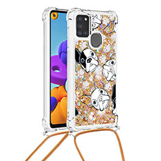 Funda Silicona Carcasa Goma Bling-Bling con Acollador Cordon Lanyard S02 para Samsung Galaxy A21s Oro