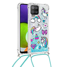 Funda Silicona Carcasa Goma Bling-Bling con Acollador Cordon Lanyard S02 para Samsung Galaxy A22 4G Azul Cielo