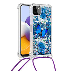 Funda Silicona Carcasa Goma Bling-Bling con Acollador Cordon Lanyard S02 para Samsung Galaxy A22s 5G Azul