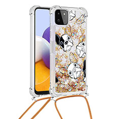 Funda Silicona Carcasa Goma Bling-Bling con Acollador Cordon Lanyard S02 para Samsung Galaxy A22s 5G Oro