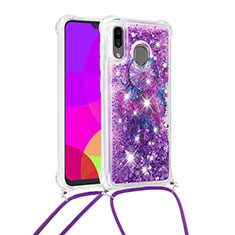 Funda Silicona Carcasa Goma Bling-Bling con Acollador Cordon Lanyard S02 para Samsung Galaxy A30 Morado