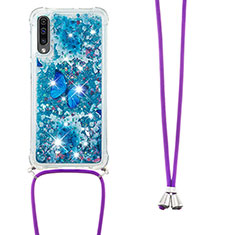 Funda Silicona Carcasa Goma Bling-Bling con Acollador Cordon Lanyard S02 para Samsung Galaxy A30S Azul