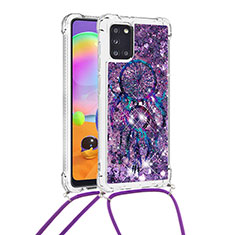 Funda Silicona Carcasa Goma Bling-Bling con Acollador Cordon Lanyard S02 para Samsung Galaxy A31 Morado