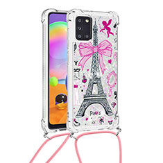 Funda Silicona Carcasa Goma Bling-Bling con Acollador Cordon Lanyard S02 para Samsung Galaxy A31 Rosa