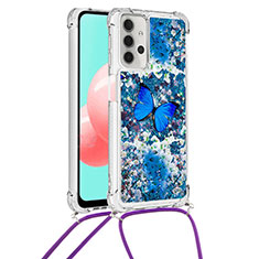 Funda Silicona Carcasa Goma Bling-Bling con Acollador Cordon Lanyard S02 para Samsung Galaxy A32 4G Azul