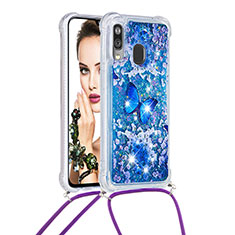 Funda Silicona Carcasa Goma Bling-Bling con Acollador Cordon Lanyard S02 para Samsung Galaxy A40 Azul