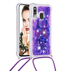 Funda Silicona Carcasa Goma Bling-Bling con Acollador Cordon Lanyard S02 para Samsung Galaxy A40 Morado