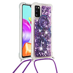 Funda Silicona Carcasa Goma Bling-Bling con Acollador Cordon Lanyard S02 para Samsung Galaxy A41 Morado