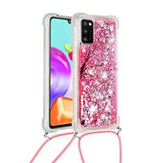 Funda Silicona Carcasa Goma Bling-Bling con Acollador Cordon Lanyard S02 para Samsung Galaxy A41 Rosa Roja