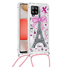 Funda Silicona Carcasa Goma Bling-Bling con Acollador Cordon Lanyard S02 para Samsung Galaxy A42 5G Rosa