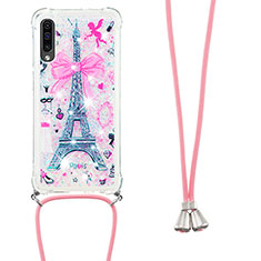 Funda Silicona Carcasa Goma Bling-Bling con Acollador Cordon Lanyard S02 para Samsung Galaxy A50 Rosa