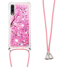 Funda Silicona Carcasa Goma Bling-Bling con Acollador Cordon Lanyard S02 para Samsung Galaxy A50 Rosa Roja